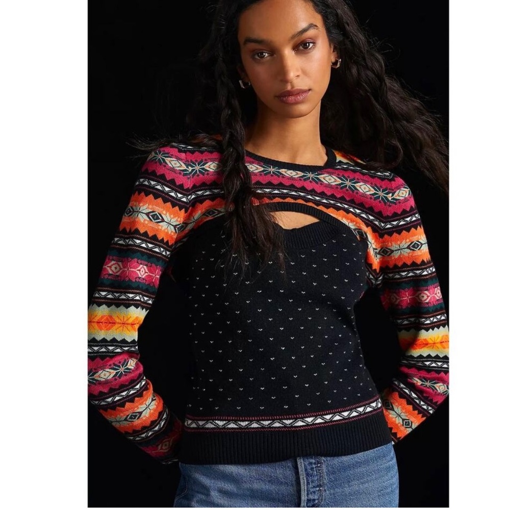 NWT Anthropologie Maeve Abstract Colorful Shrug Sweater FairIsle Sz L